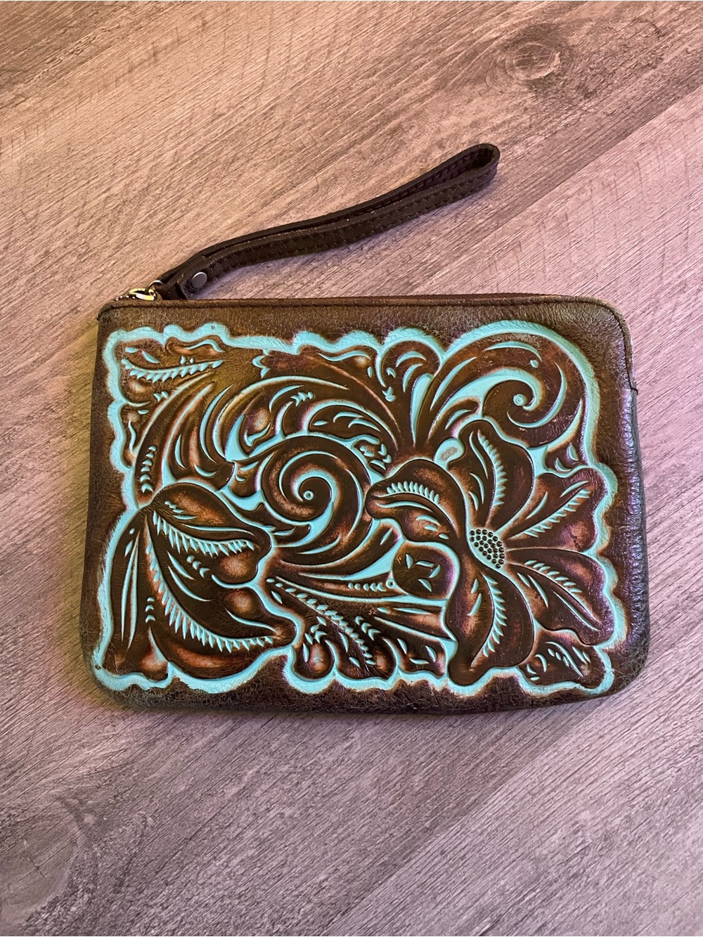 Patricia Nash Cassini Wristlet Tooled Turquoise Brown Leather Clutch